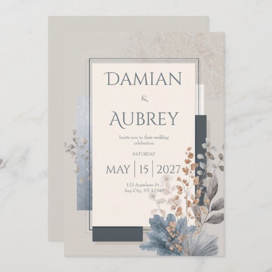 Dusty Blue Terracotta Geometric Botanical Wedding 招待状 (正面/裏面)
