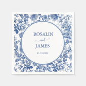 Dusty Blue Toile Floral Personalized Wedding スタンダードカクテルナプキン (正面)