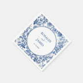 Dusty Blue Toile Floral Personalized Wedding スタンダードカクテルナプキン (角)