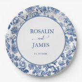 Dusty Blue Toile Floral Personalized Wedding ペーパープレート (正面)