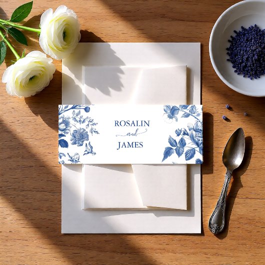 Dusty Blue Toile Floral Wedding Invitation 招待状ベリーバンド