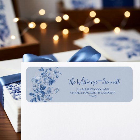 Dusty Blue Toile Floral Wedding Return Address  ラベル