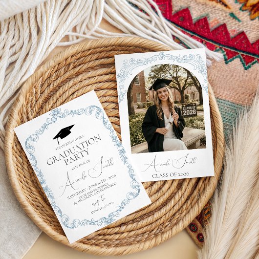 Dusty Blue Toile Frame Graduation Invite 招待状