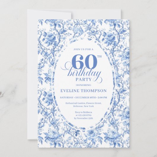 Dusty Blue Toile Roses 60th Birthday Digital 招待状 (正面)