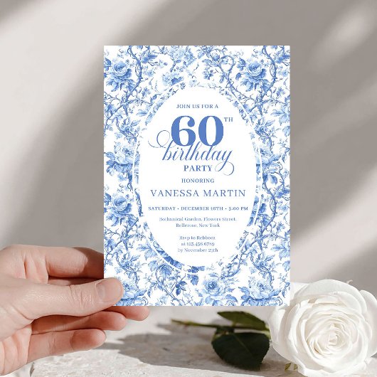 Dusty Blue Toile Roses 60th Birthday Digital 招待状