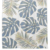 Dusty blue tropical leaves with gold outline シャワーカーテン (正面)