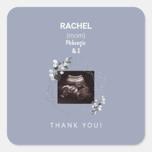 Dusty Blue Ultrasound Photo Thank You Baby Shower スクエアシール
