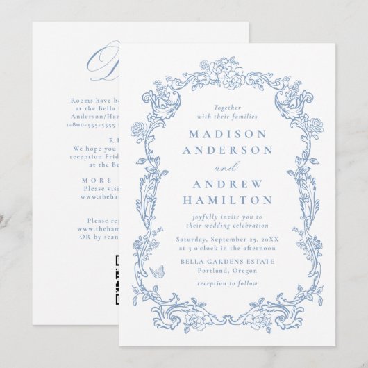 Dusty Blue Victorian Floral All in One Wedding 招待状 (正面/裏面)