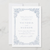 Dusty Blue Vintage Frame Elegant Wedding  招待状 (正面)
