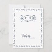 Dusty Blue Vintage Monogram QR Code Wedding 出欠カード (正面)