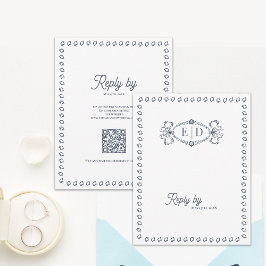 Dusty Blue Vintage Monogram QR Code Wedding 出欠カード