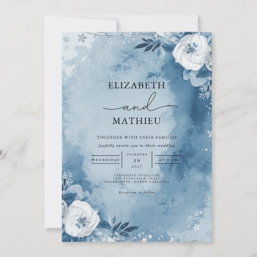 Dusty Blue Wash Floral Frame Wedding 招待状 (正面)