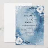 Dusty Blue Wash Floral Frame Wedding 招待状 (正面/裏面)