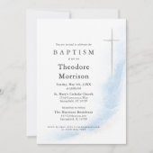 Dusty Blue Watercolor Baptism Boy 招待状 (正面)