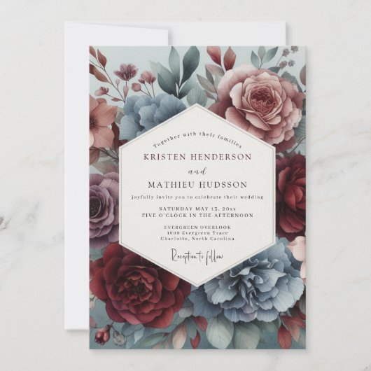 Dusty Blue Watercolor Bloom Wedding 招待状 (正面)
