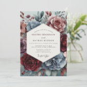 Dusty Blue Watercolor Bloom Wedding 招待状 (スタンド正面)