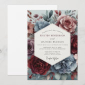 Dusty Blue Watercolor Bloom Wedding 招待状 (正面/裏面)