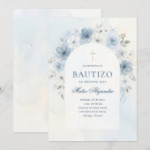 Dusty Blue Watercolor Floral Arch Boy Bautizo 招待状 (正面/裏面)