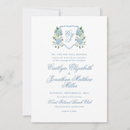 Dusty Blue Watercolor Floral Crest Wedding 招待状