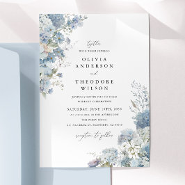 Dusty Blue Watercolor Floral Elegant Wedding 招待状