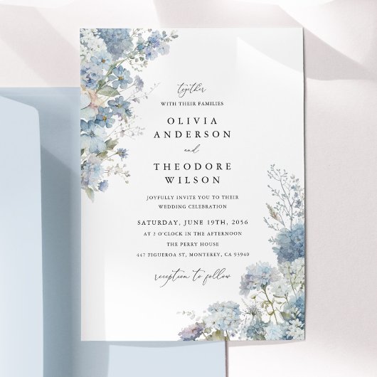 Dusty Blue Watercolor Floral Elegant Wedding 招待状