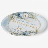 Dusty Blue Watercolor Floral Gold Frame Quinceañer ペーパープレート (アングル)