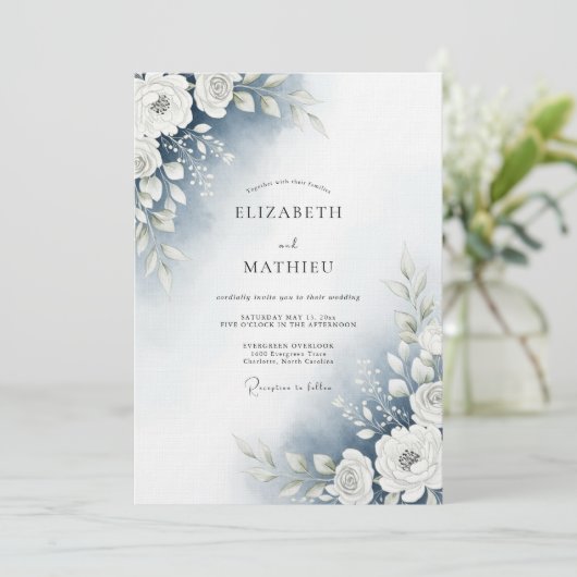 Dusty Blue Watercolor Floral Wedding 招待状 (スタンド正面)