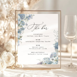 Dusty Blue Watercolor Floral Wedding Bar Menu 台座サイン
