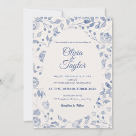 Dusty Blue Watercolor Floral Wedding Invitation 招待状