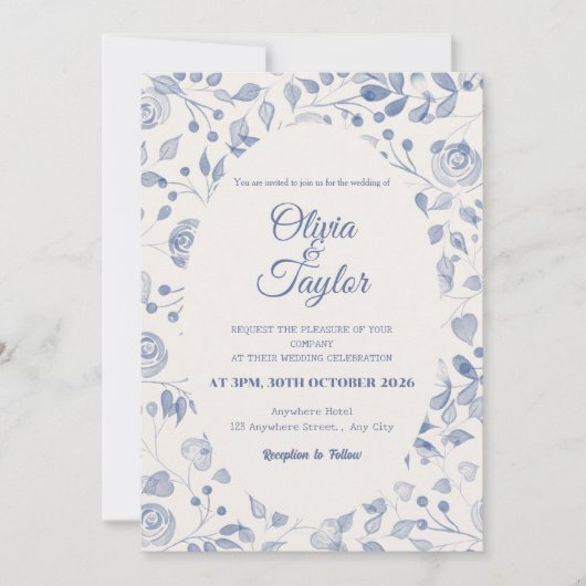 Dusty Blue Watercolor Floral Wedding Invitation 招待状 (正面)