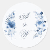 Dusty Blue Watercolor Floral Wedding Monogram ラウンドシール (正面)