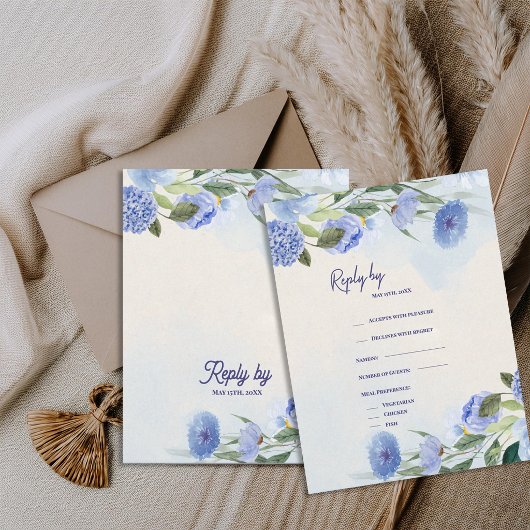 Dusty Blue Watercolor Floral Wedding Reply By 出欠カード