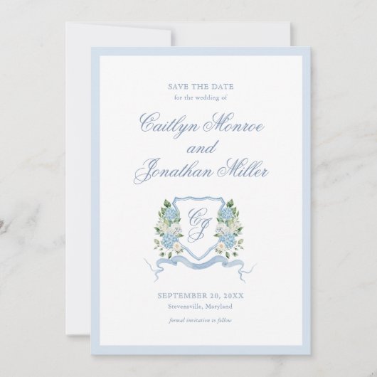 Dusty Blue Watercolor Floral Wedding Save the Date (正面)