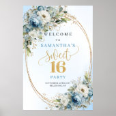 Dusty blue watercolor florals gold glitter sweet  ポスター (正面)