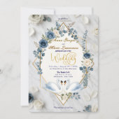 Dusty Blue Watercolor Marble Faux Foil Wedding 招待状 (正面)