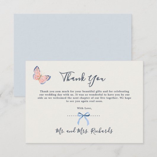 Dusty Blue Watercolor Pretty Typography サンキューカード (正面/裏面)