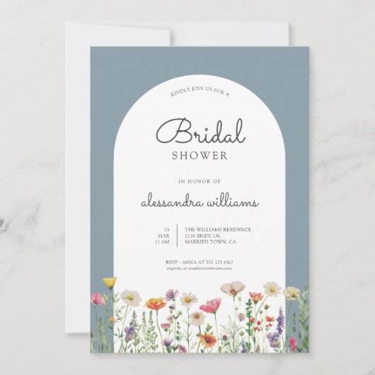 Dusty Blue Watercolor Wildflower Bridal Shower 招待状 (正面)
