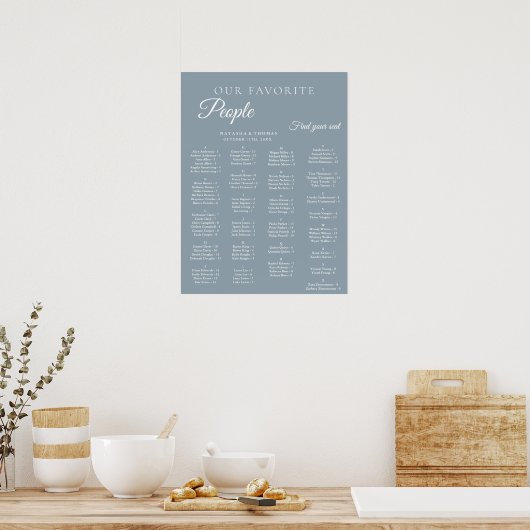 Dusty Blue Wedding Alphabetical Seating Chart ポスター (キッチン)
