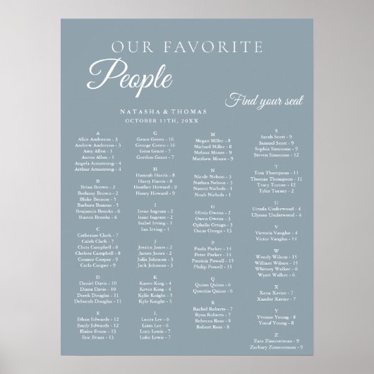 Dusty Blue Wedding Alphabetical Seating Chart ポスター (正面)