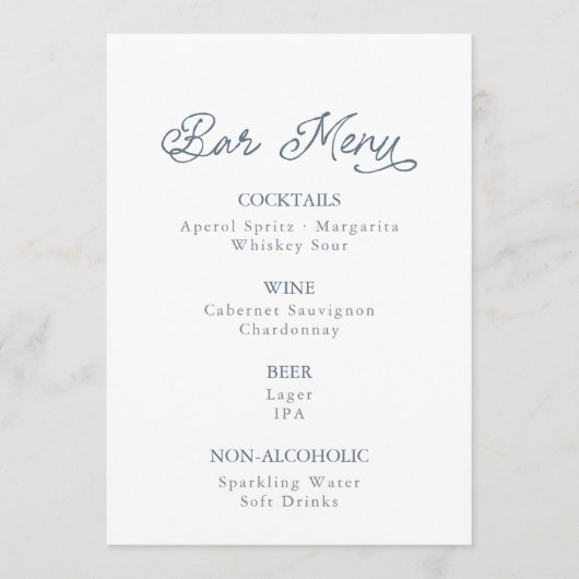 Dusty Blue Wedding Bar Menu Card 招待状 (正面)