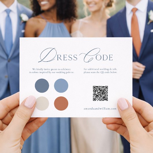 Dusty Blue Wedding Dress Code Card with QR Code 招待状