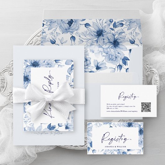 Dusty Blue Wedding Invitation with QR Code 招待状