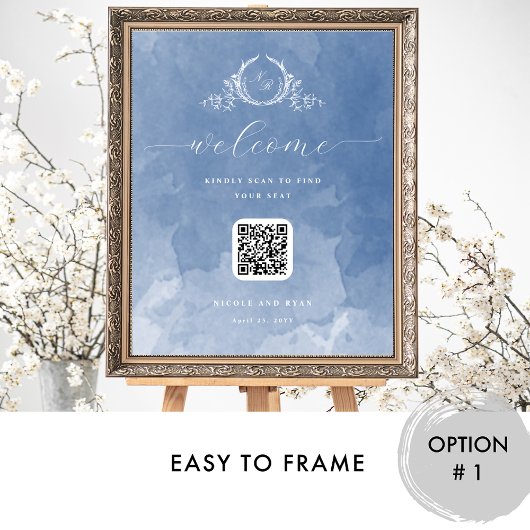Dusty Blue Wedding Monogram QR code Seating Sign ポスター