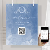 Dusty Blue Wedding Monogram QR code Seating Sign ポスター