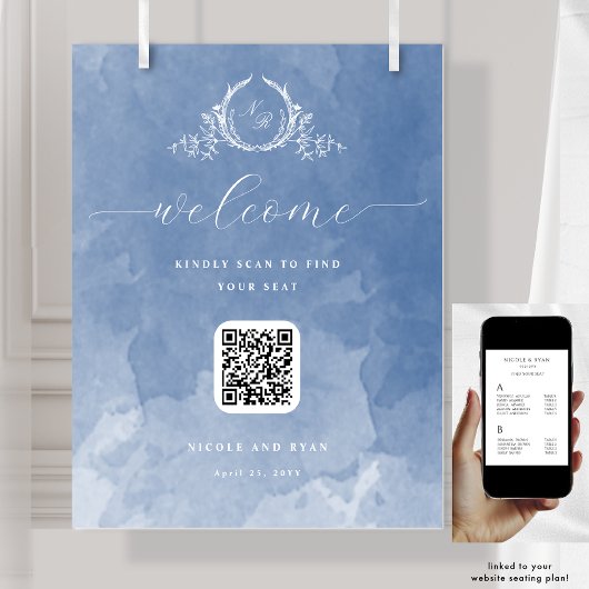 Dusty Blue Wedding Monogram QR code Seating Sign ポスター