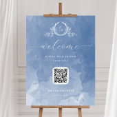 Dusty Blue Wedding Monogram QR code Seating Sign ポスター