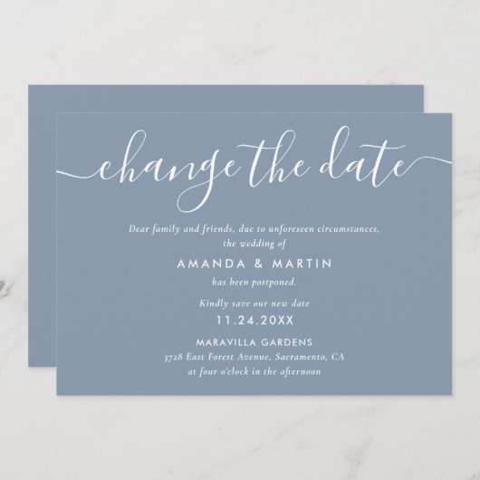 Dusty Blue Wedding Postponement 案内状 (正面/裏面)