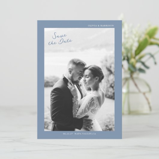 Dusty Blue Wedding Save the Date 招待状 (スタンド正面)