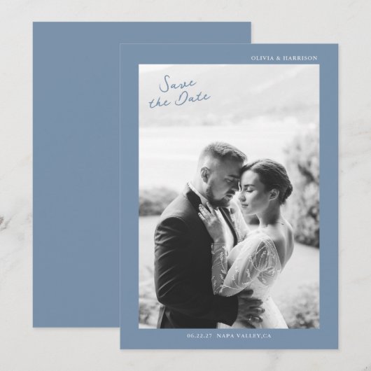 Dusty Blue Wedding Save the Date 招待状 (正面/裏面)