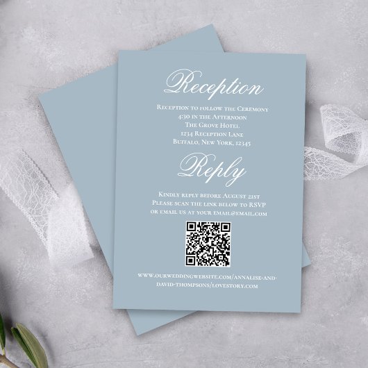 Dusty Blue Wedding Script RSVP Reception  エンクロージャーカード